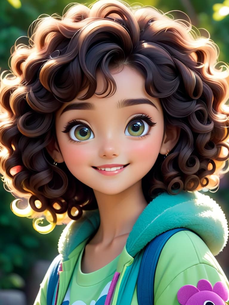  young , cute, cartoon style, curly hair, big eyes, smiling, colorful outfit, pose, simple design, digital ilration, disney animation, pixar movies, vint colors, high resolution, detailed, 4k, raw photo.