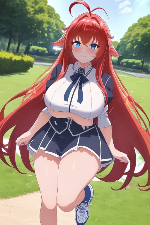  wearing a long ,white puffy sneakers,smiling,blushing,park,standing,full body view,masterpiece, best quality, 1women, long red hair, looking at viewer, :3, cute, black uniform, outdoors, streets, cow shot, curvy, (((blue eyes))), rias gremory, red hair, antenna hair, wavy hair, ((beautiful detailed eyes, beautiful detailed glow, lots of glow)), anime screencap