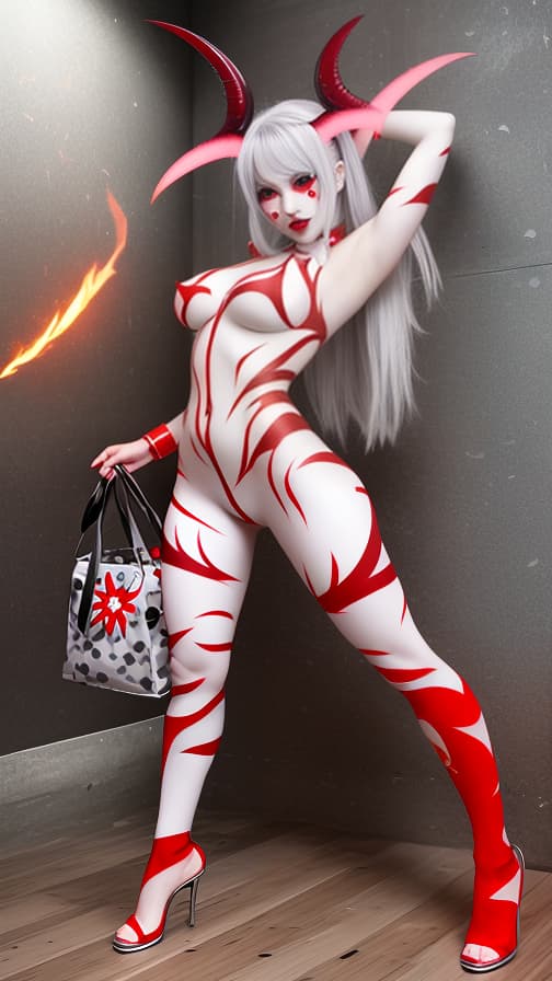  Full body red and white flame pattern body paint, silver body paint on the whole body,grey face paint on the face, succubus, full body image 女性