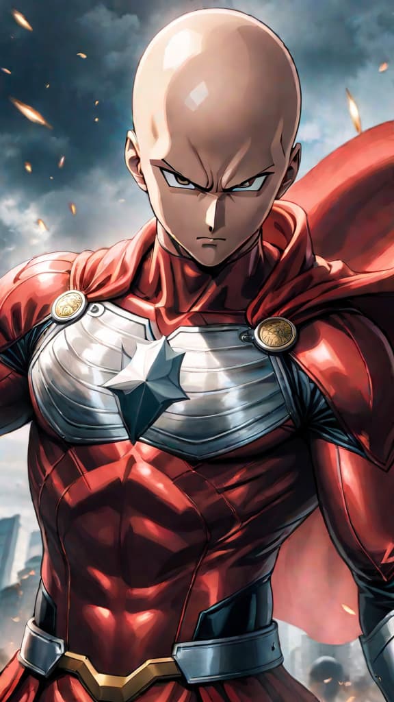  anime art: saitama as a vessel for divine might, showcasing his limitless strength and godly origins. hyperrealistic, full body, detailed clothing, highly detailed, cinematic lighting, stunningly beautiful, intricate, sharp focus, f/1. 8, 85mm, (centered image composition), (professionally color graded), ((bright soft diffused light)), volumetric fog, trending on instagram, trending on tumblr, HDR 4K, 8K