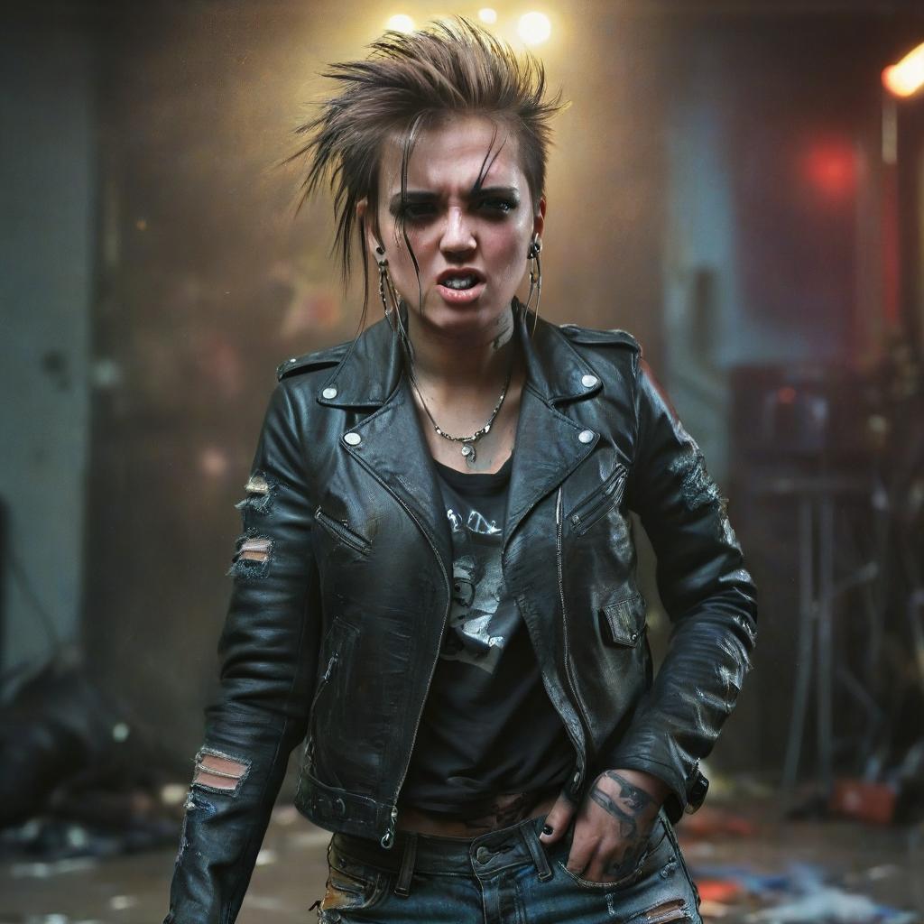  cinematic photo beautiful punk rocker girl, in leather jacket and ripped jeans. aggressive pose, arrogance, pride. sullen, strange, unusual, mysterious, attention grabbing, hyper detailed face and eyes, very detailed, beautifully lit, diffused light . 35mm photograph, film, bokeh, professional, 4k, highly detailed, film photography style