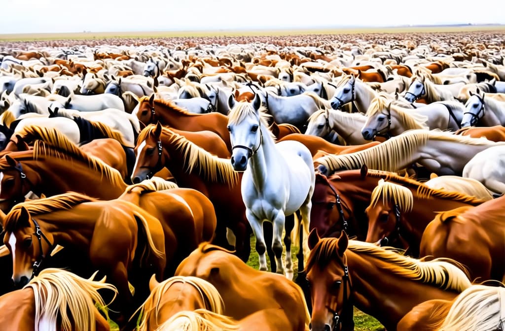  artwork a massive herd of brown horses, with one white horse standing out in the center. the scene is captured from an overhead perspective, showcasing over a thousand majestic and graceful pure white horses amidst their vast herd. the photograph was taken with a canon eos r6 camera using an 80mm f/2 lens. ar 3:2, watercolor techniques, featuring fluid colors, subtle gradients, transparency associated with watercolor art