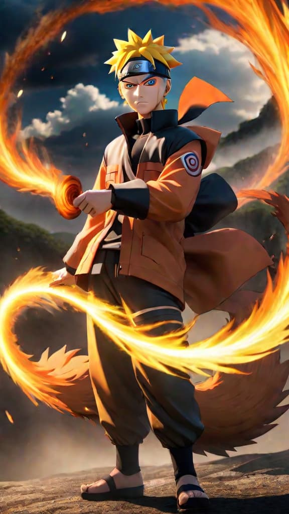  naruto uzumaki from naruto with a determined expression, nine tailed fox aura behind him, anime art hyperrealistic, full body, detailed clothing, highly detailed, cinematic lighting, stunningly beautiful, intricate, sharp focus, f/1. 8, 85mm, (centered image composition), (professionally color graded), ((bright soft diffused light)), volumetric fog, trending on instagram, trending on tumblr, HDR 4K, 8K