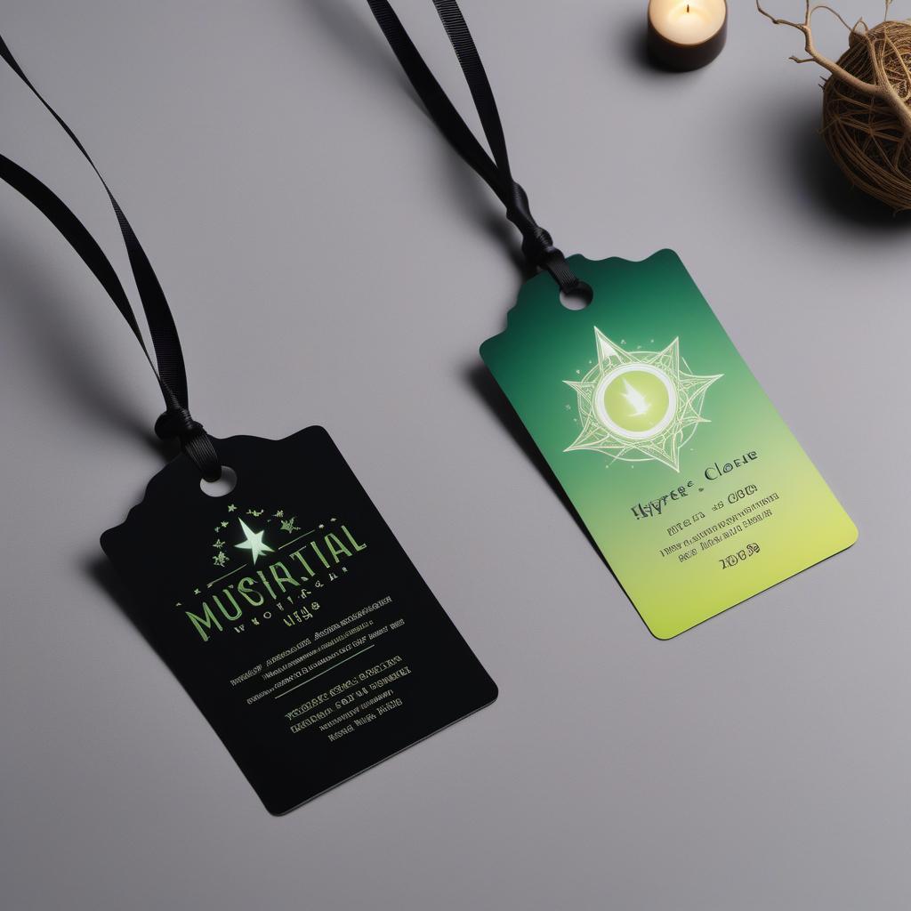  A product label design for a hanging tag with a witchy vibe. The tag has a black background with green accents. The design should include mystical elements like stars, moons, and perhaps a cauldron or witch hat. The brand name should be prominently displayed with a bold, gothic font. The tag should have a detailed, artistic border with a hole punched at the top for hanging. The back side should feature the website and social media handles, followed by the brand’s slogan in an elegant, mystical font. The bottom part includes space for a barcode. The overall look should blend sophistication with a touch of magic and mystery. hyperrealistic, full body, detailed clothing, highly detailed, cinematic lighting, stunningly beautiful, intricate, sharp focus, f/1. 8, 85mm, (centered image composition), (professionally color graded), ((bright soft diffused light)), volumetric fog, trending on instagram, trending on tumblr, HDR 4K, 8K