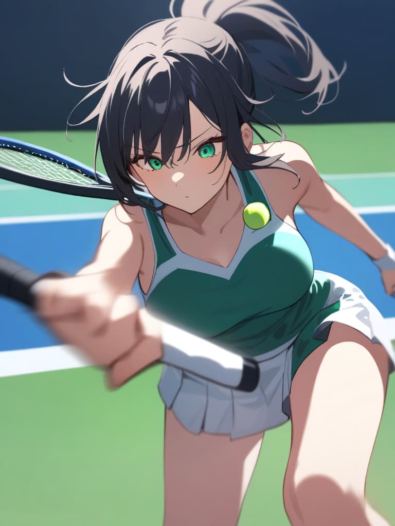  (masterpiece, highest quality,), beautiful fine eyes, very detailed, black hair, aho hair, long hair, green eyes, ponytails, busty, blurred background, shy pinup, tennis, tennis racket: 1.1), wearing tennis uniforms, tennis courts, (moving: 1.2), hitting the ball with a tennis ball, some players, standing in one foot </input> </xml>, motion blur, with a racket with one hand, depression, motion blur, with your right hand