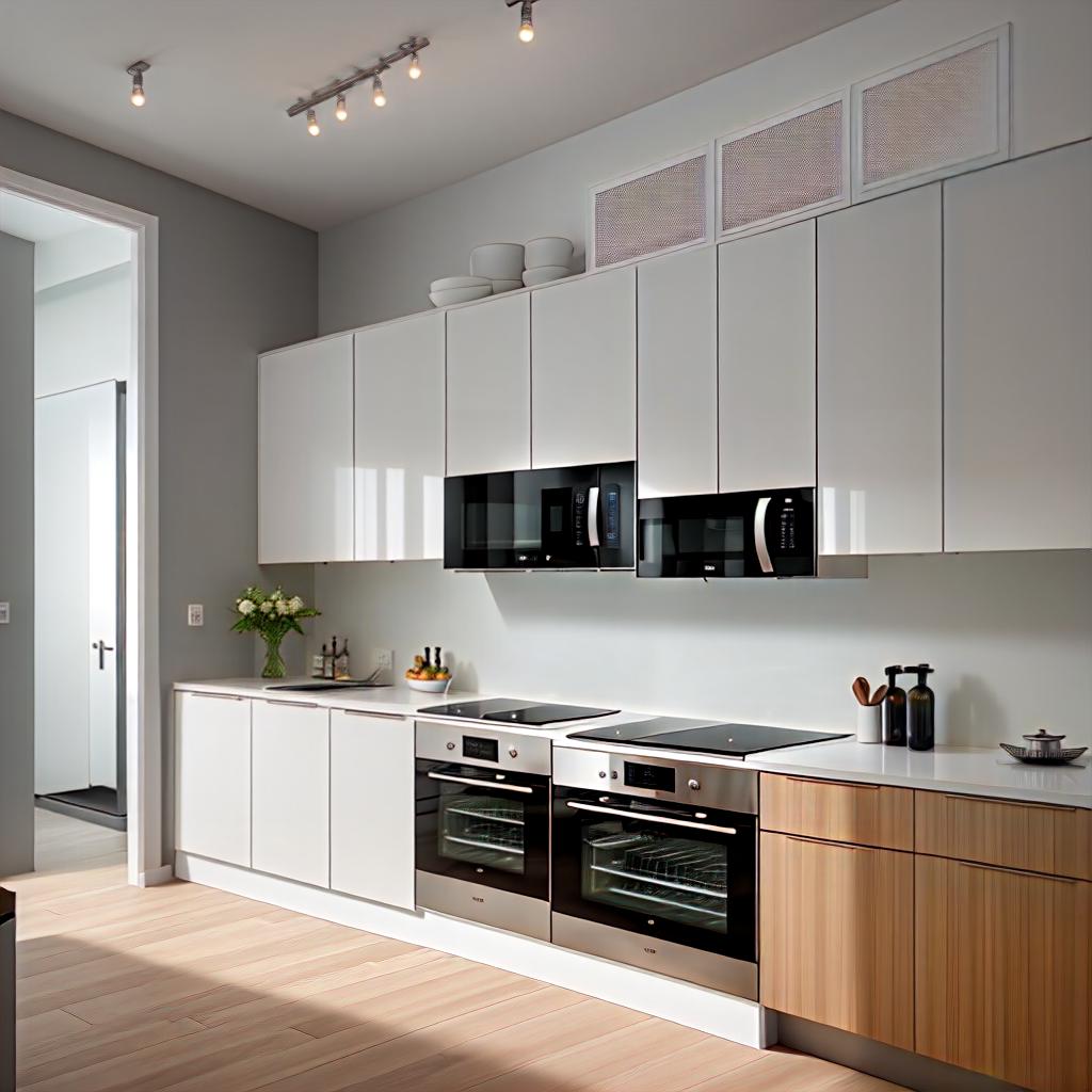  A modern and stylish kitchen interior designed by TuRum, featuring minimalist design with a combination of light and neutral colors (white, gray, wooden tones) and sleek black accents. The kitchen includes built-in appliances like an oven, microwave, and dishwasher, with spacious cabinets and pull-out systems for optimal storage. The countertops are made of high-quality materials, and the layout is either straight or L-shaped to fit small spaces. Additional elements include bottle holders, organizers, railings, and hidden hoods. The overall look is clean, functional, and elegant, with a focus on practicality and ease of maintenance.