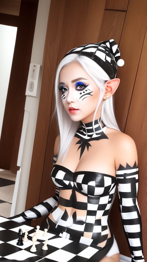  Chessboard check body paint in every corner of the body, white body paint all over the body, white face paint on the face, Elf 女性