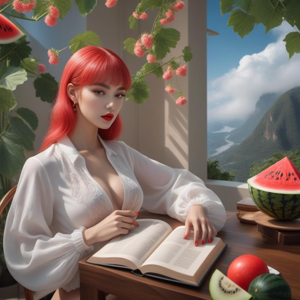  Naked girl reading a book There is a watermelon on the table hyperrealistic, full body, detailed clothing, highly detailed, cinematic lighting, stunningly beautiful, intricate, sharp focus, f/1. 8, 85mm, (centered image composition), (professionally color graded), ((bright soft diffused light)), volumetric fog, trending on instagram, trending on tumblr, HDR 4K, 8K