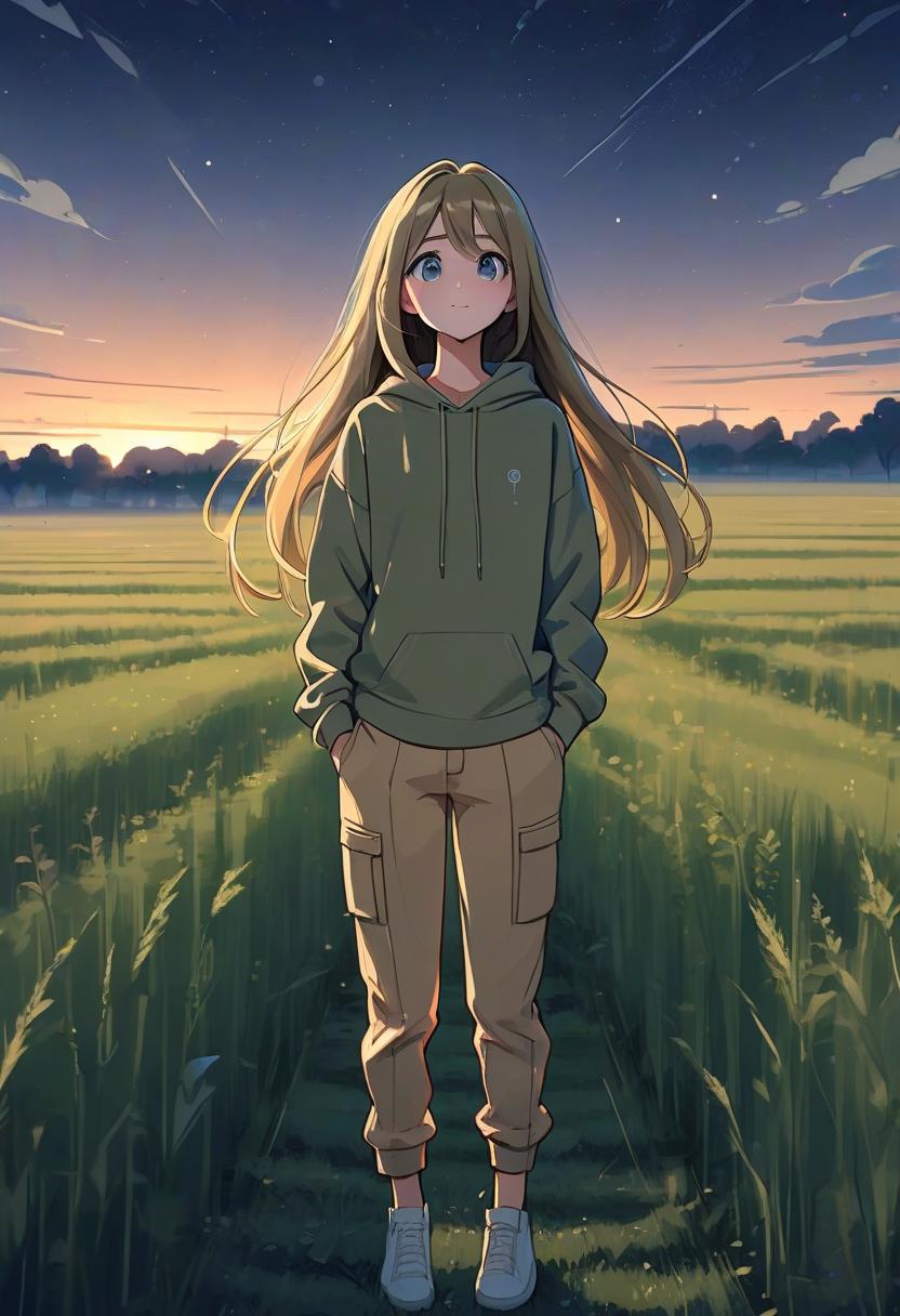  architectural style a girl in anime style with long hair stands in the middle of a field at dawn dressed in a khaki colored sweatshirt and pants. the girl looks at the sky, her eyes are full of joy from the unknown and curiosity. her face is a little happy. she pulls her hand up towards the night sky. her knee high growth . clean lines, geometric shapes, minimalist, modern, architectural drawing, highly detailed