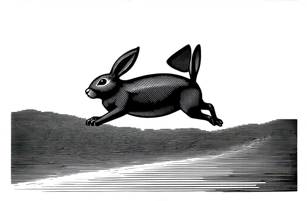  contour, very simple image in one unbroken black ink line, single line of black rabbit jumping on a road, engraving illustration ar 3:2 using a single continuous black line ink brushon white background, drawing should be created without lifting the pen, recognizable features of black rabbit jumping on a road, engraving illustration ar 3:2 in one unbroken line