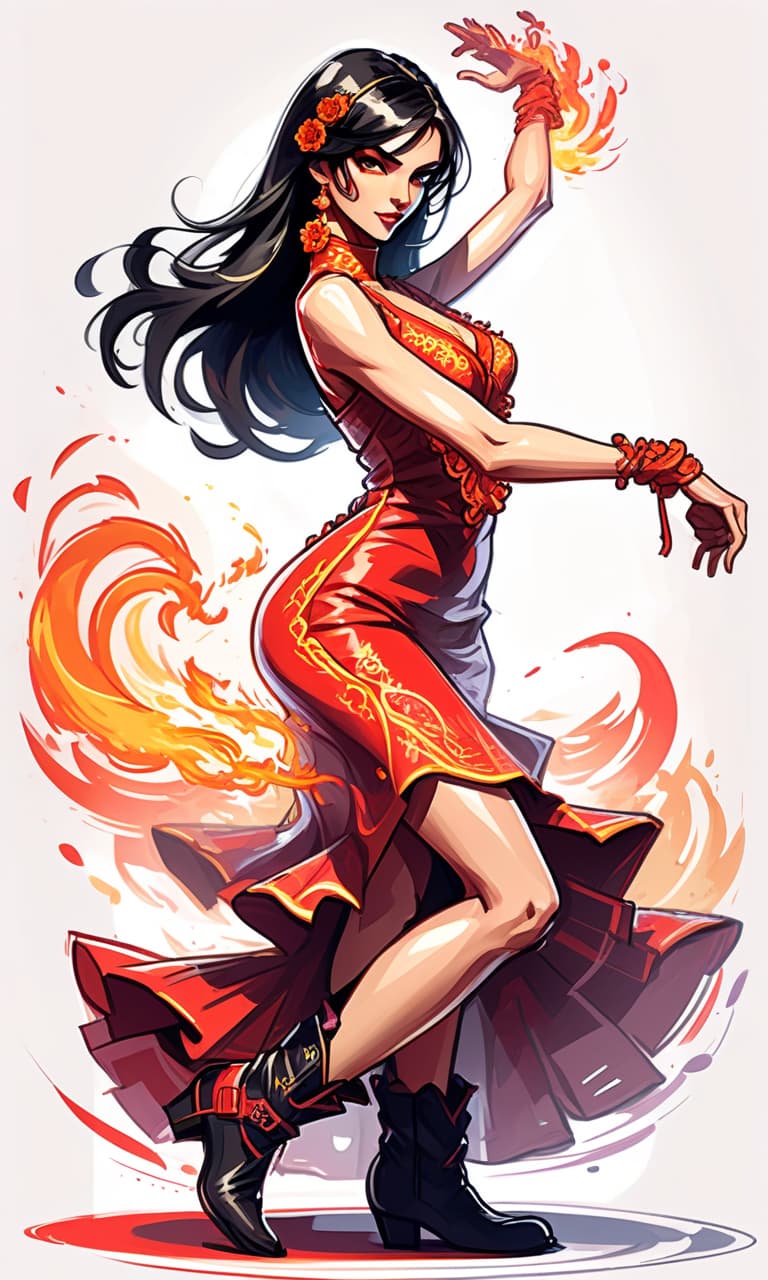  fighting game style thin, fine fractal gloss vivid fire line ink sketch, sketching with short strokes, with multicolor inkl, spanish dancer in spanish dress dancing flamenco, full length, in boots, long dress, beautiful eyes, slight smile, fine lines, elegant, on the white background. contours. long loose black hair. . dynamic, vibrant, action packed, detailed character design, reminiscent of fighting video games