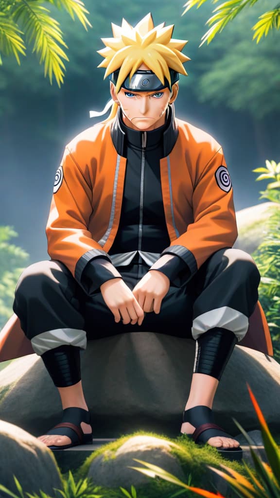  anime art: naruto pondering alternative strategies to seal kaguya otsutsuki without relying on sasuke's rinnegan. hyperrealistic, full body, detailed clothing, highly detailed, cinematic lighting, stunningly beautiful, intricate, sharp focus, f/1. 8, 85mm, (centered image composition), (professionally color graded), ((bright soft diffused light)), volumetric fog, trending on instagram, trending on tumblr, HDR 4K, 8K