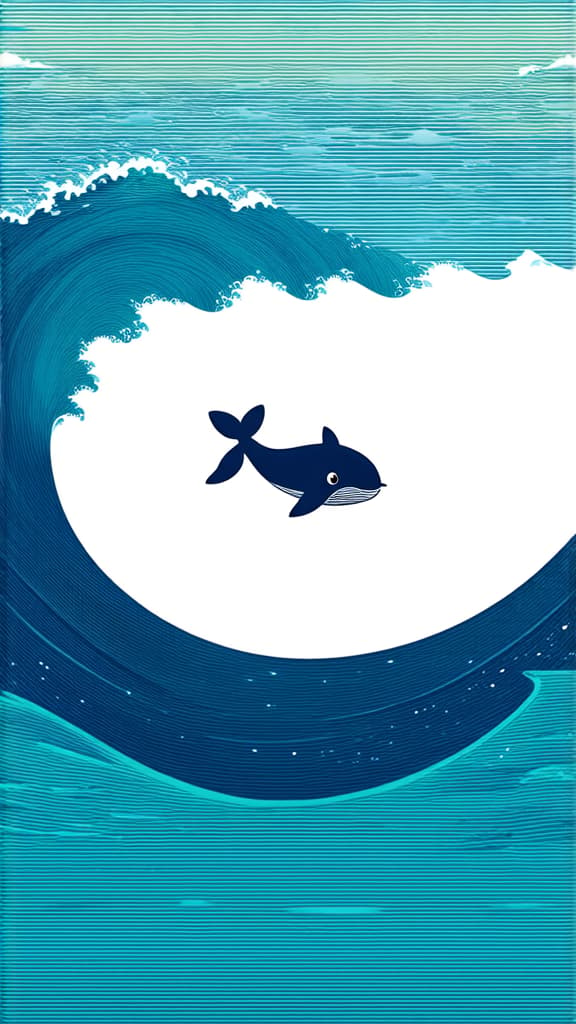  flat illustration, flaticon, (illustration:1.15), cute tiny whale in the corner of the picture simple drawing, on the background of the wave ar 9:16, [cory loftis, strobist, pascal campion :: 0.2]