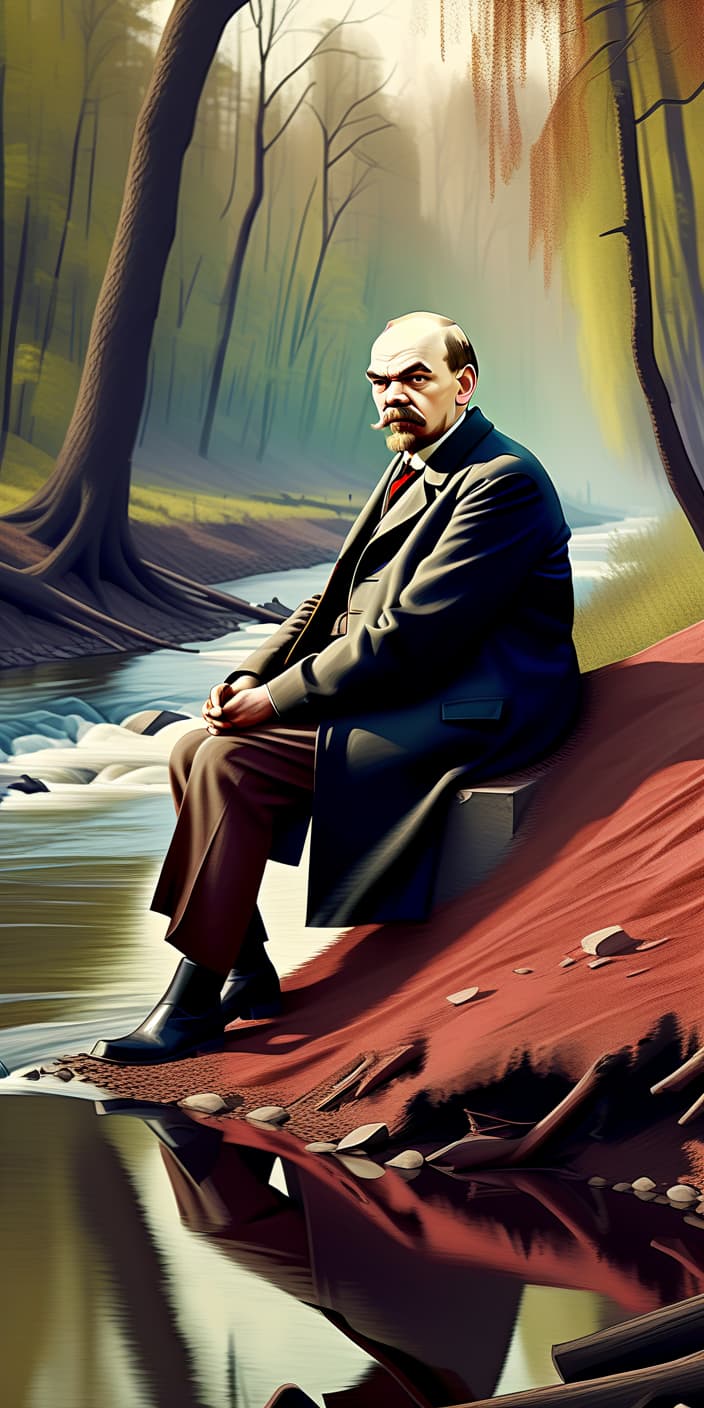  concept art vladimir ilyich lenin sits on the bank of a river in a forest waiting for a revolution. . digital artwork, illustrative, painterly, matte painting, highly detailed