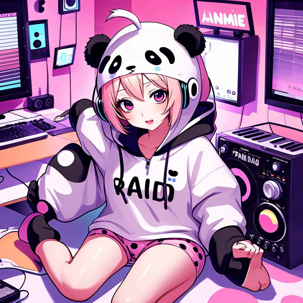  anime artwork internet radio logo, girl in panda pajamas, kawaii radio text . anime style, key visual, vibrant, studio anime, highly detailed