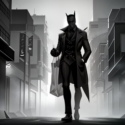  A night street with a person walking with a bottle in their hand in a paper bag, followed by three shadows., (Noir), black and white , detective , crime , mystery hyperrealistic, full body, detailed clothing, highly detailed, cinematic lighting, stunningly beautiful, intricate, sharp focus, f/1. 8, 85mm, (centered image composition), (professionally color graded), ((bright soft diffused light)), volumetric fog, trending on instagram, trending on tumblr, HDR 4K, 8K