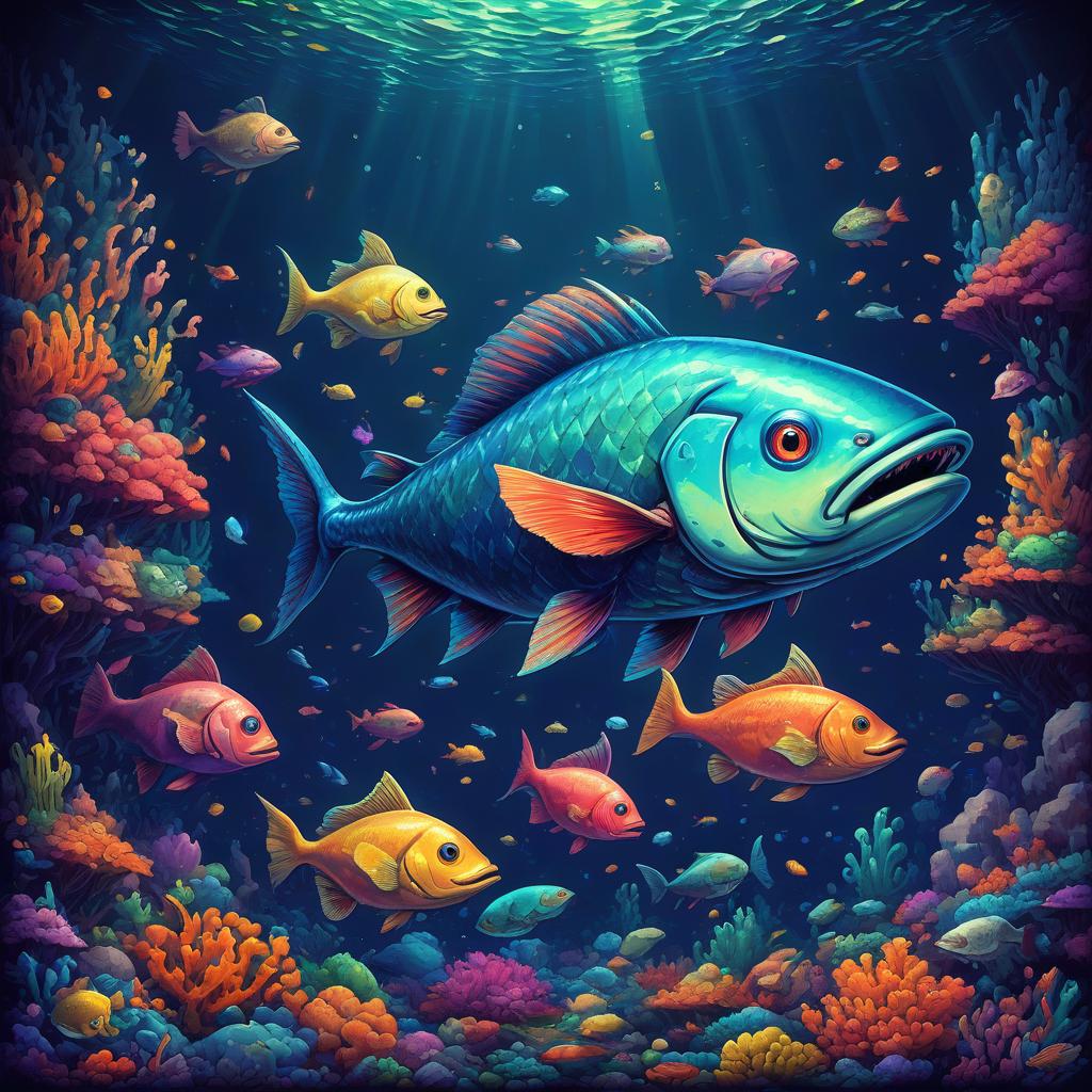  retro game art big fish on the ocean floor . 16 bit, vibrant colors, pixelated, nostalgic, charming, fun