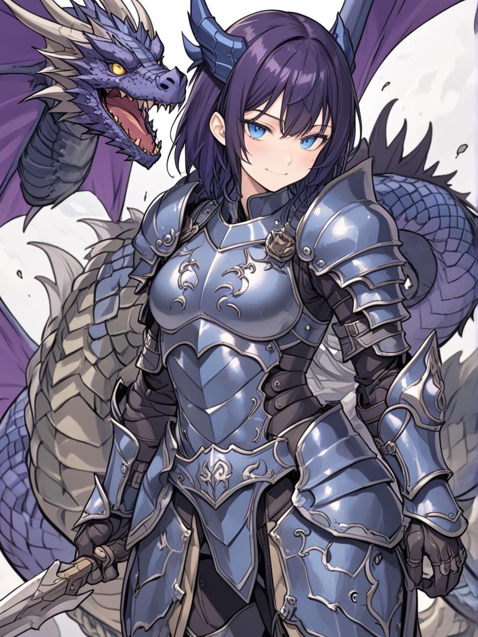  manga artwork an anime photo of a half human, half dragon warrior, she has very dark purple hair, a pleasant smile, very beautiful blue eyes, a grayer skin, a light black knight armor, broken black wings, and, hands with dragon claws mixed with the armor, a long dragon tail, and other details of her dragon form mixed with her human appearance, she has a more adult and very strong body, with a slender build. manga artist. manga, highly emotional. best quality, high resolution