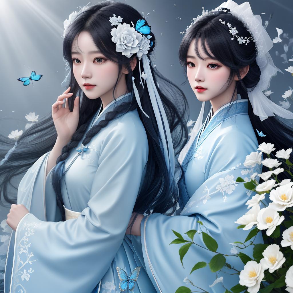  masterpiece, best quality, (Fidelity: 1.4), Best Quality, Masterpiece, Ultra High Resolution, Poster, Fantasy Art, Very Detailed Faces, 8k resolution, Chinese Style, An woman, Side Face, Quiet, Light Blue Hanfu, Tulle Coat, Long Black Hair, Light Blue Fringed Hair Ornament, Hairpin, White Ribbon, White Flower Bush, Light Blue Butterfly Flying, cinematic lighting effects