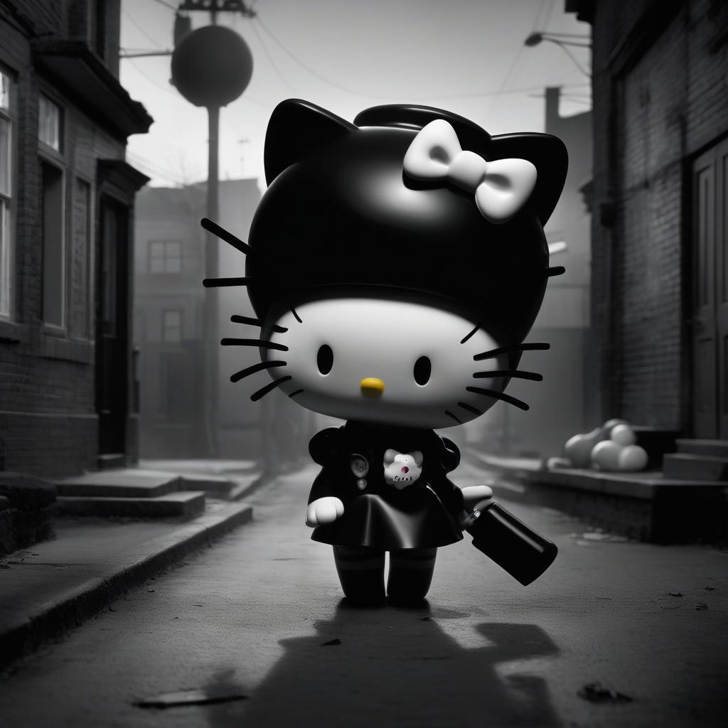  film noir style the character of hello kitty is very angry. . monochrome, high contrast, dramatic shadows, 1940s style, mysterious, cinematic