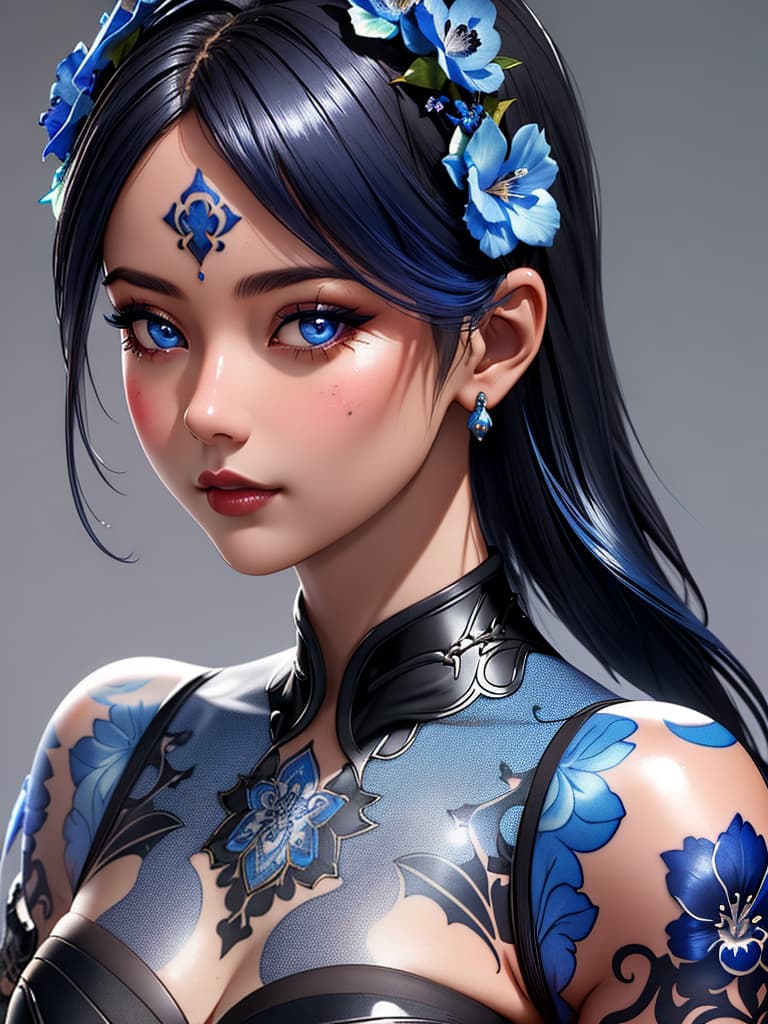  Close-up porcelain female figurine, looking to the camera, glossy surface, glaze, shiny, blue floral tattoos on her, dark gradient background, baroque dark style, hyperrealistic, CG society, intricate details