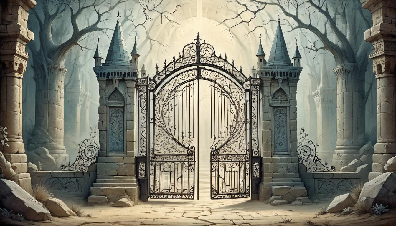  on parchment, surrealism+++, a majestic, sealed gate adorned with intricate designs, faint light streaming through cracks, divine protection, exclusivity(mysterious, provocative, symbolic,muted color)+++