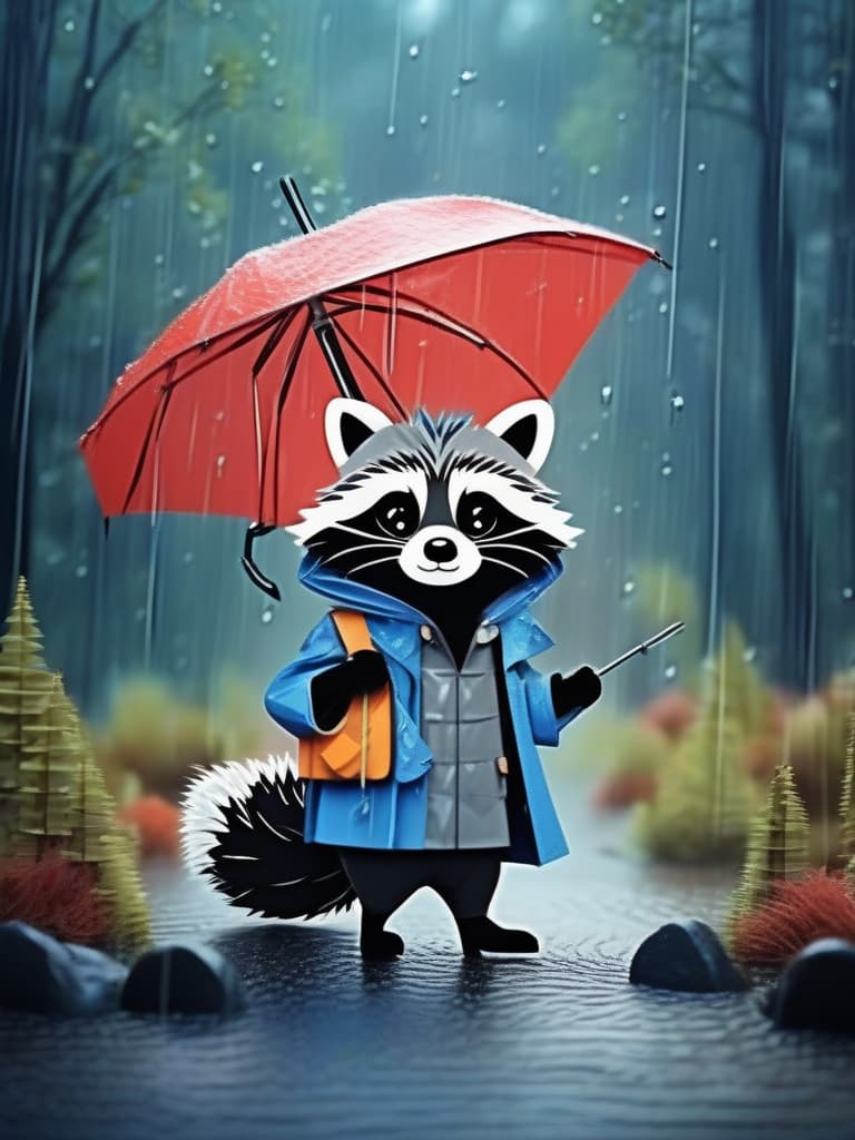  {((super cute raccoon in raincoat & boots,holding umbrella))in a forest under heavy rain} super detailed,high resolution,absurd,adopted,