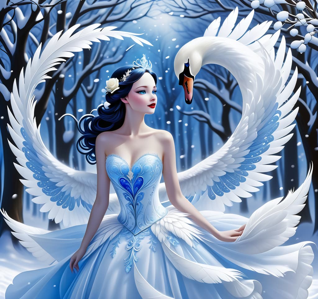  dreamscape (blue eyed) i've been jinxed (snow singer1,3) . ((snow swan)) ((the snow swan)) feathers at my feet. ( feathers flutterь. and slowly sink into the snow).(snow white swan):the head and torso are creamy white with a silvery tint. wings of white blue colour from snowflakes (roses): light blue colour with leaves from ice crystals. background: soft blue with delicate patterns of falling snow and whirlwind curls. . surreal, ethereal, dreamy, mysterious, fantasy, highly detailed, civitai, hkmagic