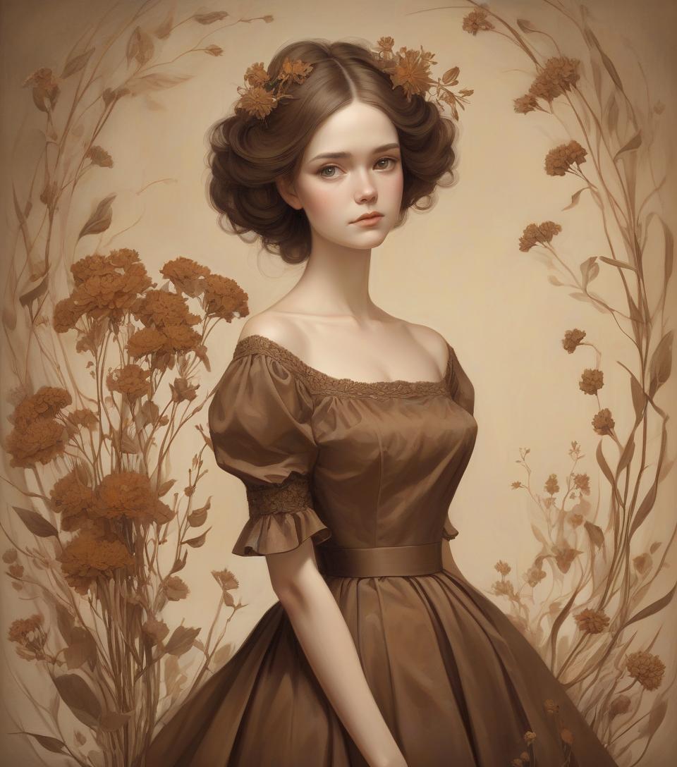  portrait, beautiful young woman wearing brown dress, dry flowers, by daniel merriam, abigail larson.