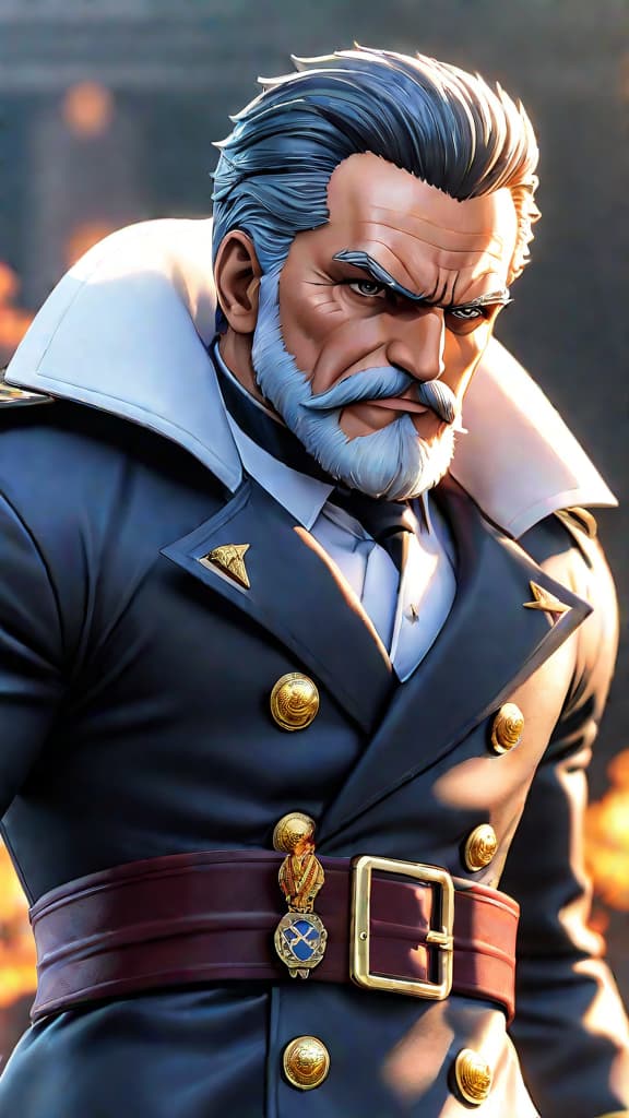  anime art: monkey d. garp, the marine hero, ranked fifth among mighty haki users in one piece. hyperrealistic, full body, detailed clothing, highly detailed, cinematic lighting, stunningly beautiful, intricate, sharp focus, f/1. 8, 85mm, (centered image composition), (professionally color graded), ((bright soft diffused light)), volumetric fog, trending on instagram, trending on tumblr, HDR 4K, 8K