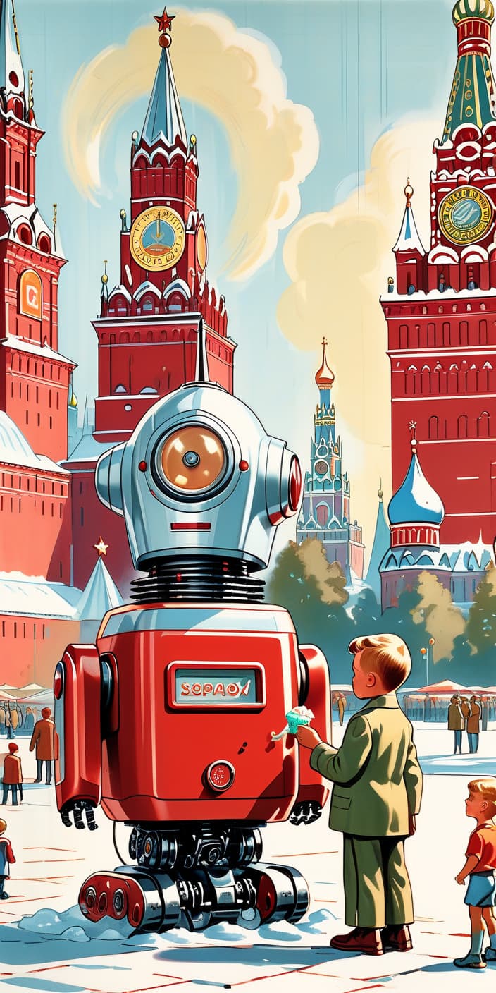  high detail, high quality, soviet retrofuturism, retro, 1950, ussr, red square in moscow, three boys, standing around one small robot, iron robot, summer, sun, in the background park, drawing, ice cream stall