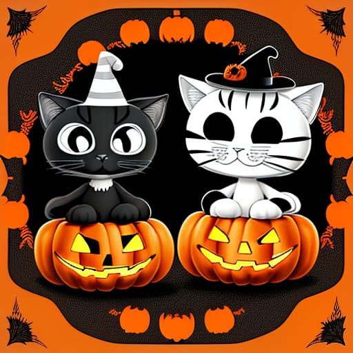  black and white coloring page in procreate style, 2d cartoon style, with the image of two funny cats, one standing, the other sitting next to them. on their heads, like helmets, are pumpkins. halloween atmosphere.