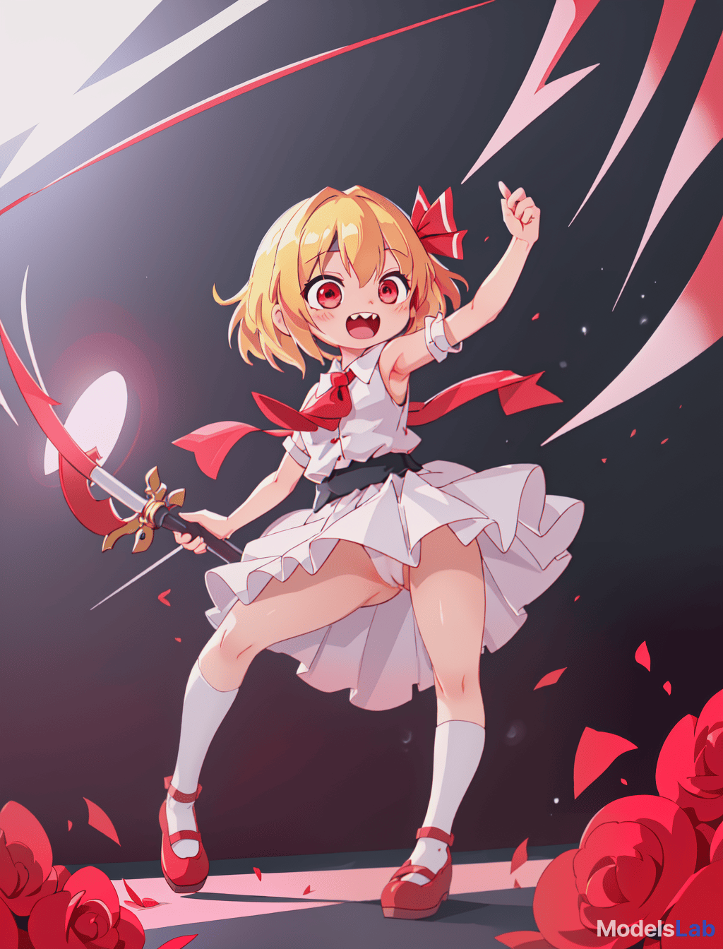  rumia, touhou project, , cute, happy, girl, elementary student, straight hair, blonde hair, short hair, red hair tie, sharp teeth, razor sharp teeth, flat , no s, board like, no , bare , bottomless, , , , lewd, anime, , , cameltoe, s, pink s, aroused rumia is a cute girl, around 128cm, with a cute face and sharp teeth. she has short blonde hair approximately to her shoulders, tied at one side with a red ribbon that's used to seal her true power. she has crimson red eyes, and a like body with a flat , plump , and a puffy mound that looks like a 's. hyperrealistic, full body, detailed clothing, highly detailed, cinematic lighting, stunningly beautiful, intricate, sharp focus, f/1. 8, 85mm, (centered image composition), (professionally color graded), ((bright soft diffused light)), volumetric fog, trending on instagram, trending on tumblr, HDR 4K, 8K