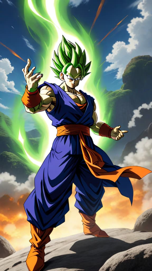  anime art: piccolo fusing with powerful beings, surpassing goku's super saiyan forms in dragon ball universe. hyperrealistic, full body, detailed clothing, highly detailed, cinematic lighting, stunningly beautiful, intricate, sharp focus, f/1. 8, 85mm, (centered image composition), (professionally color graded), ((bright soft diffused light)), volumetric fog, trending on instagram, trending on tumblr, HDR 4K, 8K