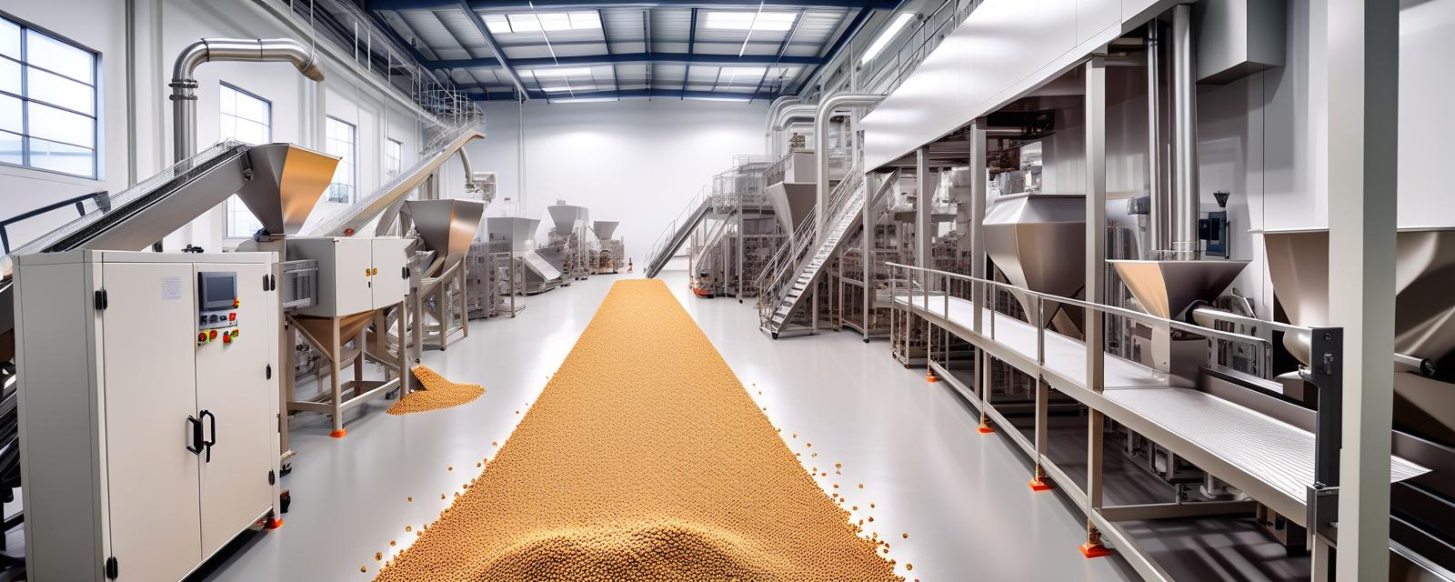  hdr photo of production line at the plant for the production of dry food for cats and dogs. white walls new equipment . high dynamic range, vivid, rich details, clear shadows and highlights, realistic, intense, enhanced contrast, highly detailed, perfect hands