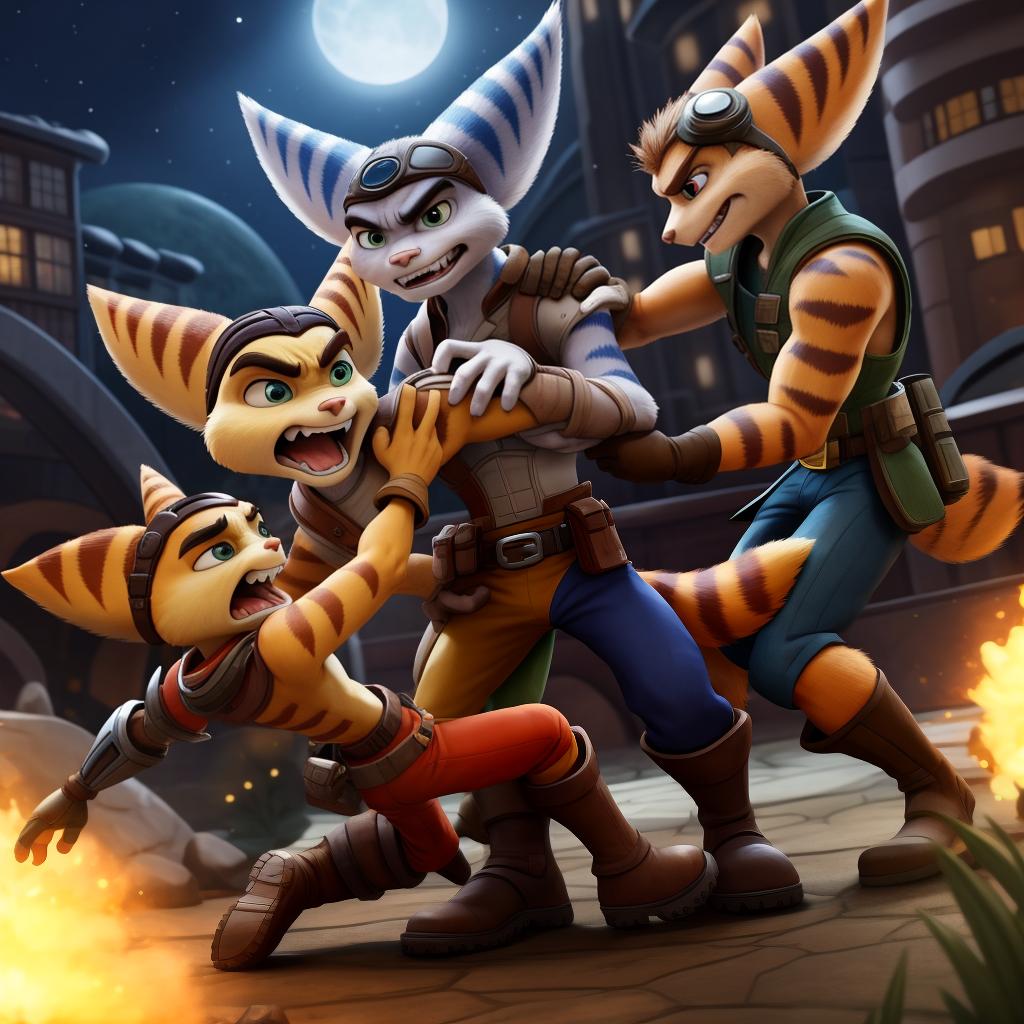  Male ratchet and clank (insomniac) full body, group, clothes, gloves and boots, attack, combat, angry, gay, fighting, hand to hand combat, punching, crotch grab, pinned, grabbed, open eyes, digital art, masterpiece, 4k, fine details,