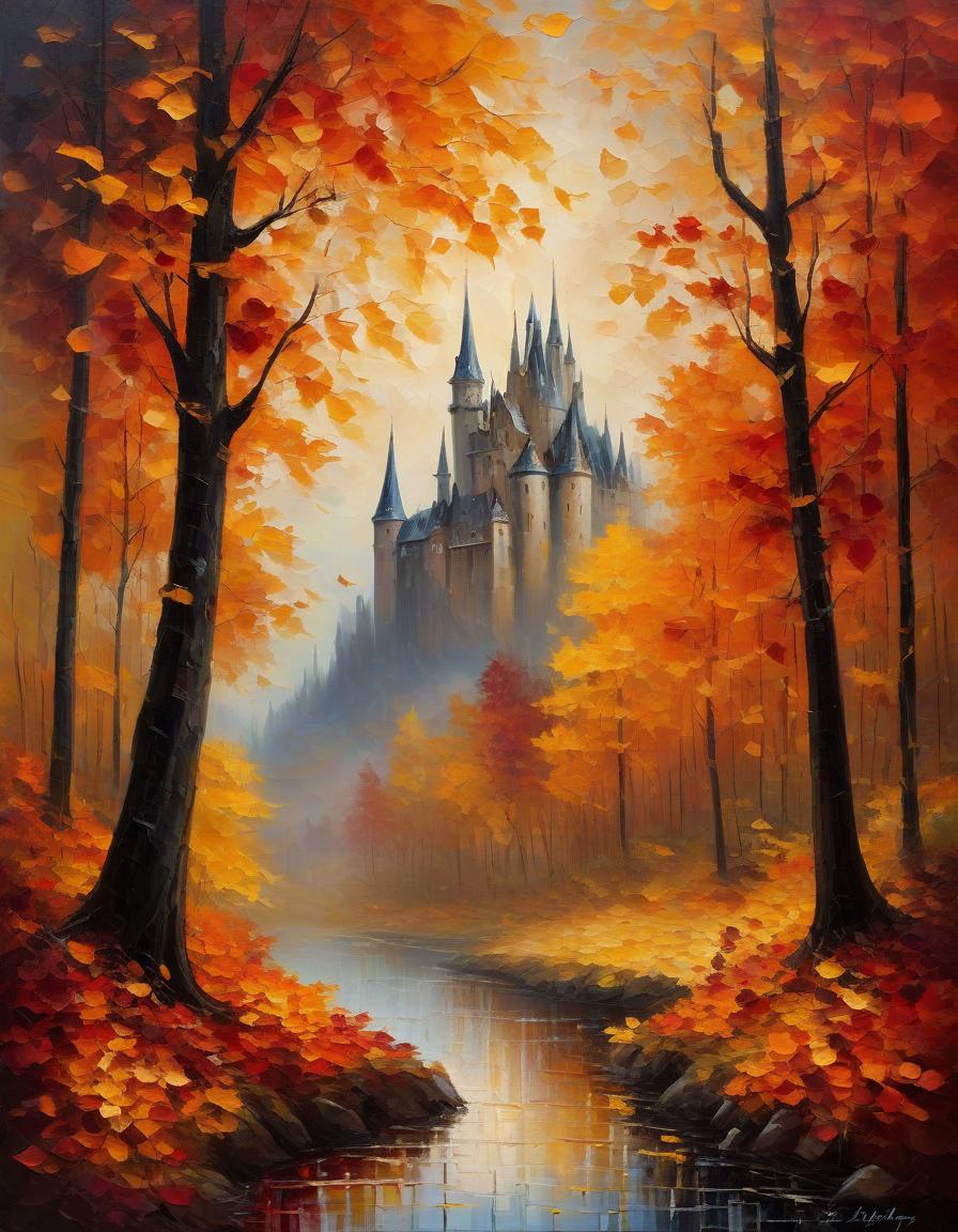  a stunning oil palette knife painting on canvas capturing an enchanting autumn landscape. the scene is set in a forest where a grand gothic castle looms in the distance, surrounded by a sea of vibrant orange, red, and golden leaves that seem to be falling gracefully from the trees. the colors in the painting are rich and vivid, reminiscent of the impressionist style of leonid afremov, creating a fantastical and mesmerizing scene. the gothic aesthetic adds a touch of mystery and allure, making it a truly captivating piece.