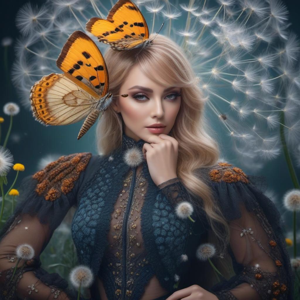  Vanessa butterfly on a dandelion flower hyperrealistic, full body, detailed clothing, highly detailed, cinematic lighting, stunningly beautiful, intricate, sharp focus, f/1. 8, 85mm, (centered image composition), (professionally color graded), ((bright soft diffused light)), volumetric fog, trending on instagram, trending on tumblr, HDR 4K, 8K