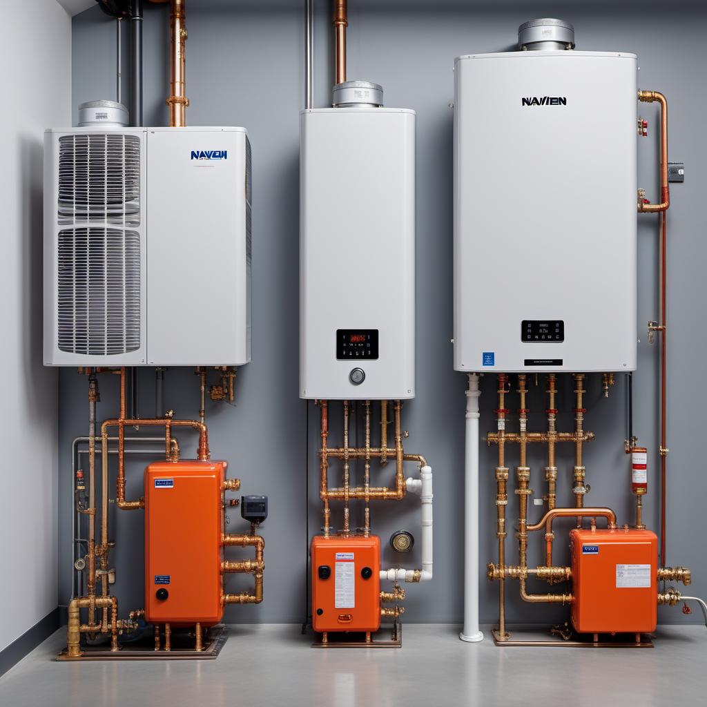  High-quality image showcasing various models of Navien tankless water heaters, including the NPE-180S2 and NPE-240A2. Emphasize their sleek and compact design suitable for indoor or outdoor installations. Include detailed views of the control panels, stainless steel heat exchangers, modulating burners, and recirculation pumps. The background should be a professional setting, highlighting the units in an installation environment, with clear illustrations of venting requirements, gas line connections, and electrical connections. hyperrealistic, full body, detailed clothing, highly detailed, cinematic lighting, stunningly beautiful, intricate, sharp focus, f/1. 8, 85mm, (centered image composition), (professionally color graded), ((bright soft diffused light)), volumetric fog, trending on instagram, trending on tumblr, HDR 4K, 8K