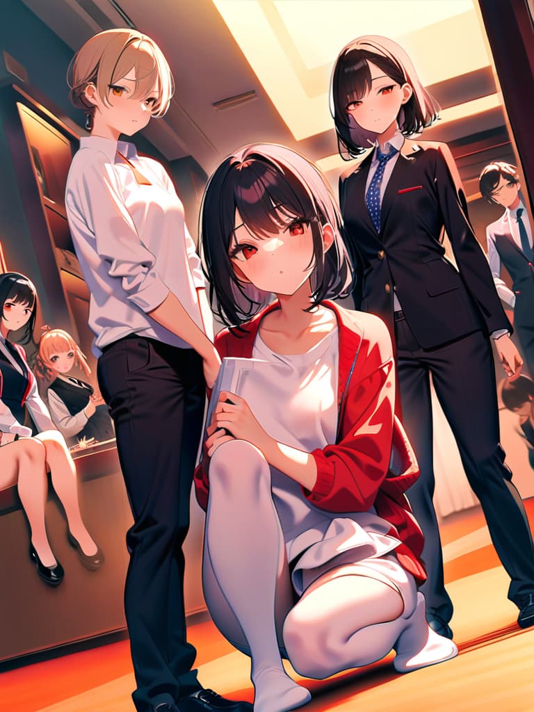  (masterpiece,top quality),(sense of depth,wide view,indoors,clroom atmosphere),(multiple girls,6+girls,everyone), uniform,blazer,shirt,,high socks,uwabaki,room shoes,siting or standing,kneeling or open stance,leaning another,leaning person,hug from behind,