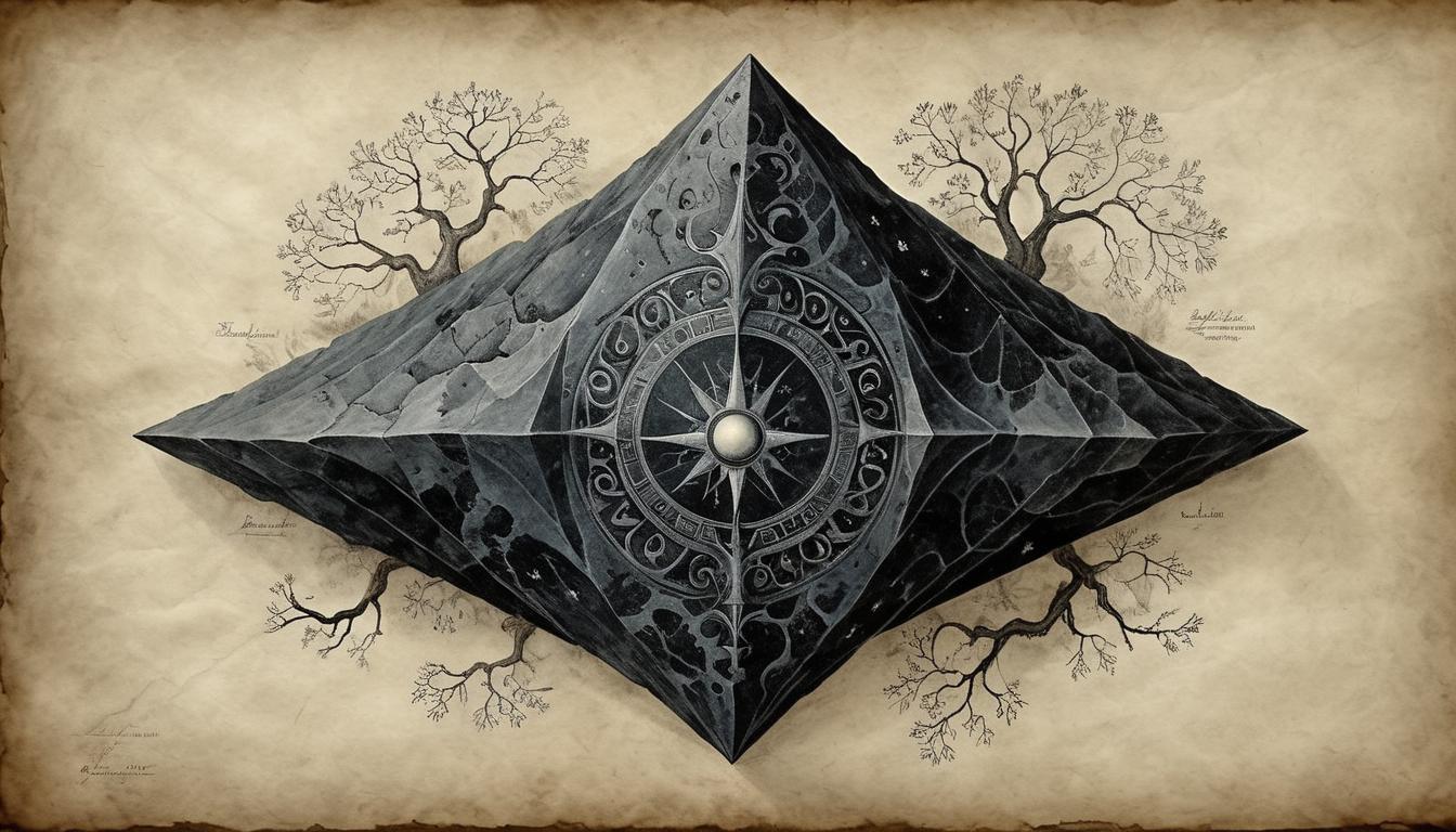  on parchment, surrealism+++, dark stone with obsidian veins, night, intricate and powerful patterns, guiding light, dark elegance, subtle force(mysterious, provocative, symbolic,muted color)+++