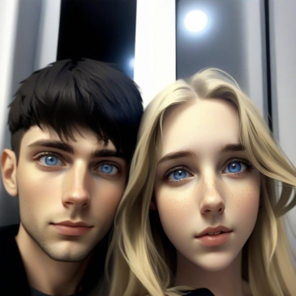  girl blonde with blue eyes and guy brunette with brown eyes next