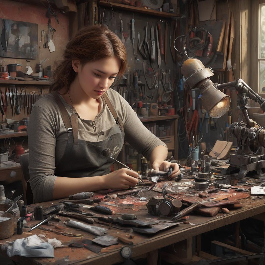  concept art lifehack, repair, women, workshop . digital artwork, illustrative, painterly, matte painting, highly detailed