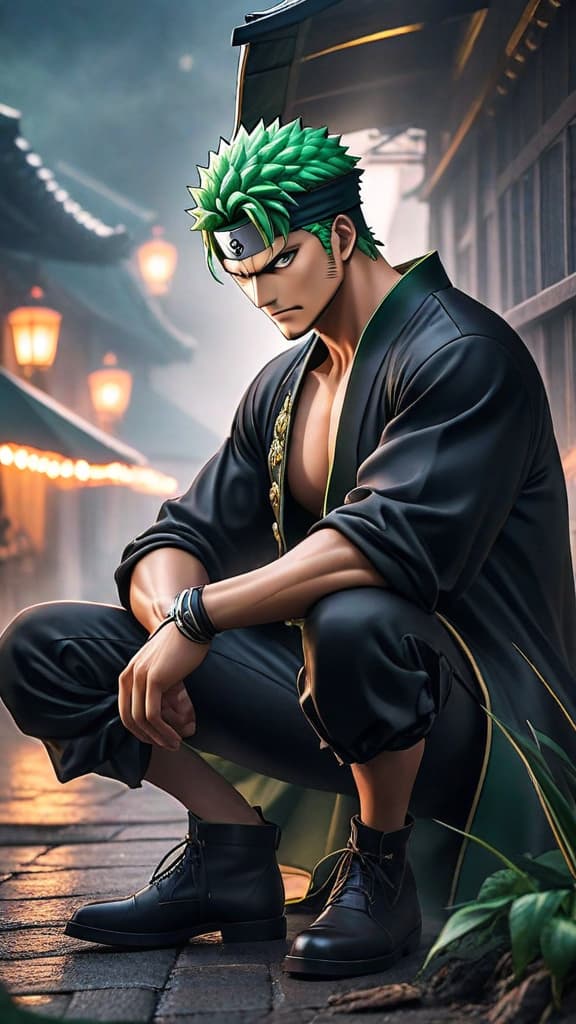  anime art: zoro from one piece trains relentlessly, endures pain, and grows in haki to surpass mihawk. hyperrealistic, full body, detailed clothing, highly detailed, cinematic lighting, stunningly beautiful, intricate, sharp focus, f/1. 8, 85mm, (centered image composition), (professionally color graded), ((bright soft diffused light)), volumetric fog, trending on instagram, trending on tumblr, HDR 4K, 8K