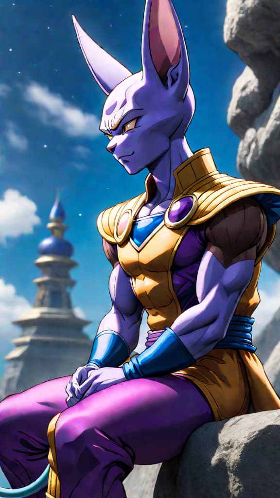  an anime art of beerus, the god of destruction from dragon ball super, contemplating his strength among peers. hyperrealistic, full body, detailed clothing, highly detailed, cinematic lighting, stunningly beautiful, intricate, sharp focus, f/1. 8, 85mm, (centered image composition), (professionally color graded), ((bright soft diffused light)), volumetric fog, trending on instagram, trending on tumblr, HDR 4K, 8K