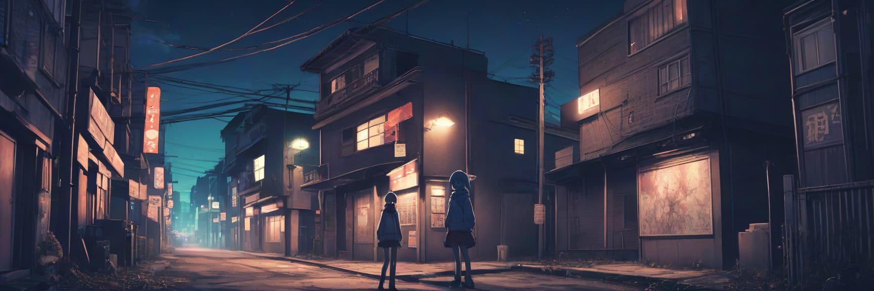  anime artwork standing alone in town at night in a horror drawing style . anime style, key visual, vibrant, studio anime, highly detailed