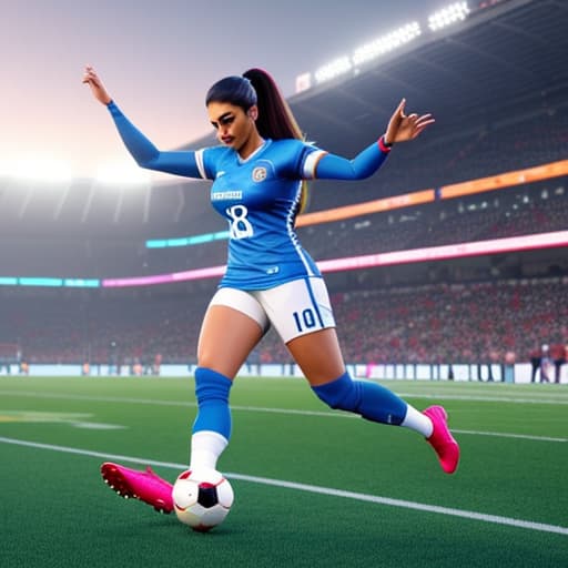  a 3d cartoon image of a young, indian girl kicking a football hyperrealistic, full body, detailed clothing, highly detailed, cinematic lighting, stunningly beautiful, intricate, sharp focus, f/1. 8, 85mm, (centered image composition), (professionally color graded), ((bright soft diffused light)), volumetric fog, trending on instagram, trending on tumblr, HDR 4K, 8K