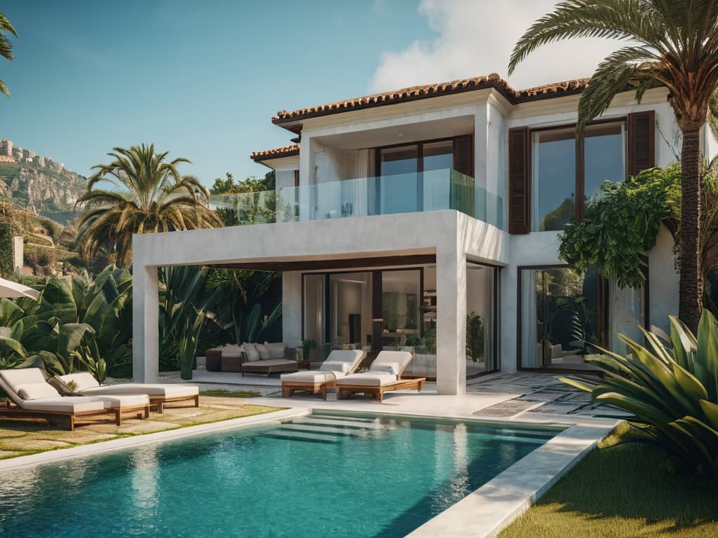  beautiful contemporary mediterranean villa with tropical garden and pool hyperrealistic, full body, detailed clothing, highly detailed, cinematic lighting, stunningly beautiful, intricate, sharp focus, f/1. 8, 85mm, (centered image composition), (professionally color graded), ((bright soft diffused light)), volumetric fog, trending on instagram, trending on tumblr, HDR 4K, 8K