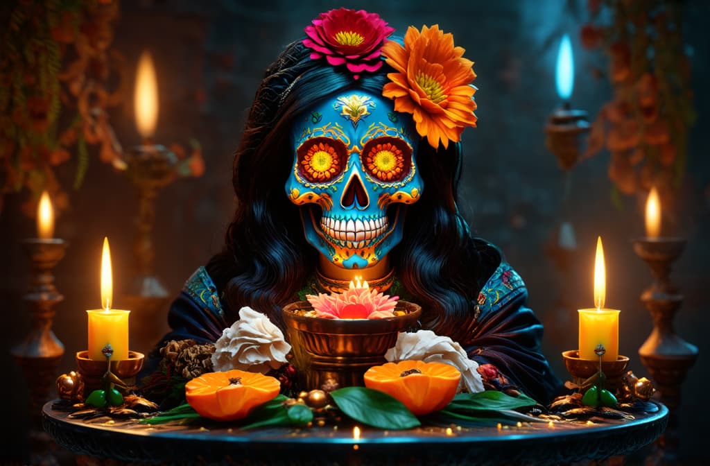  epic realistic, hyperdetailed, (cycles render:1.3), caustics, (glossy:0.58), (artstation:0.82),celebrating the day of the dead with an altar ar 3:2