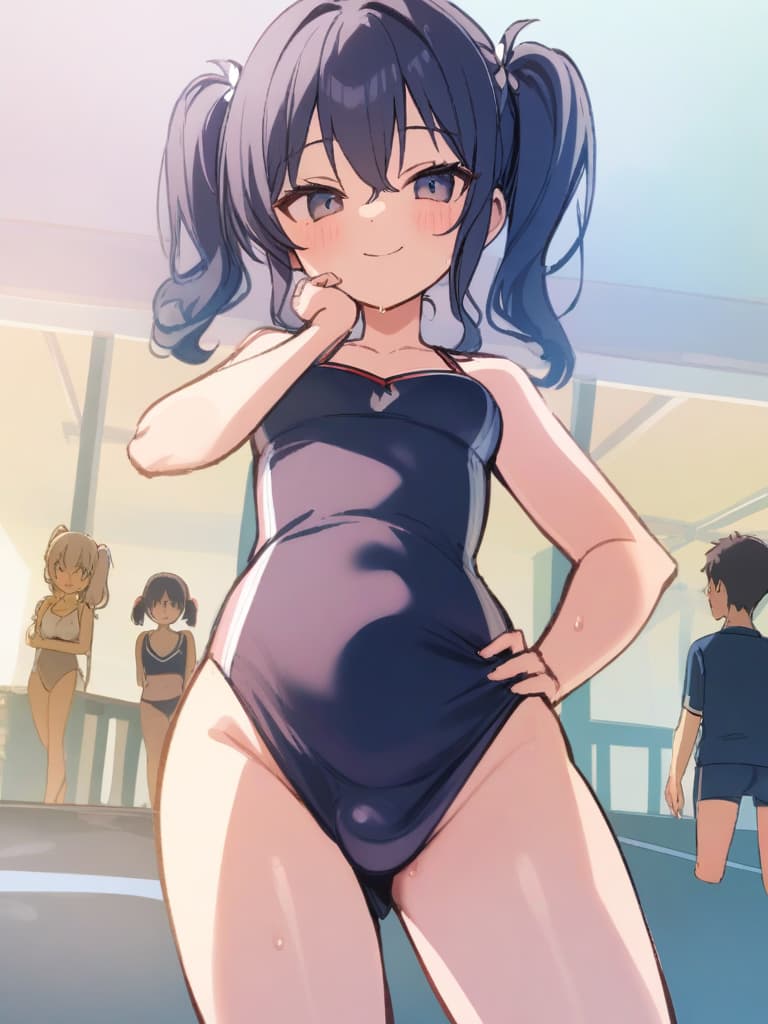  women's elementary students (with male), twin tails, cute smiles, rich s, short stature, dark blue swimwear, old swimwear, swimwear, simple, (swelling), upward, (bulge), front, whole body, pool side,